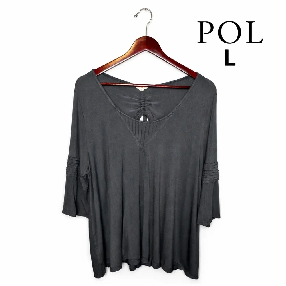 POL Charcoal Gray V-Neck Back Cutout Ruched Tie Top RCT387 Large - Picture 1 of 7